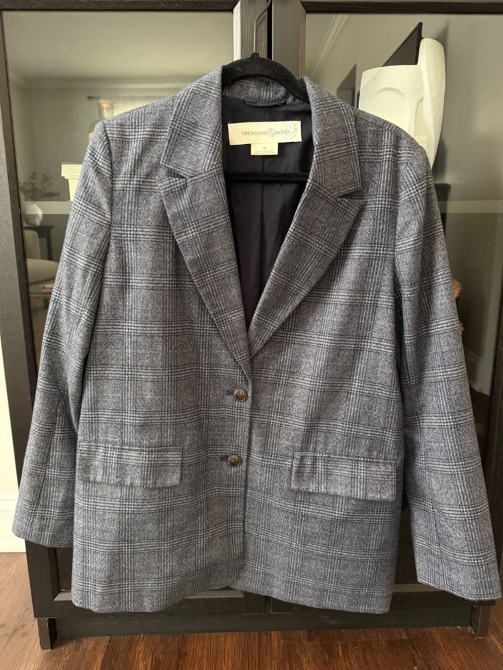Treasure & Bond Blue-Gray Plaid Oversized Single Breasted Blazer